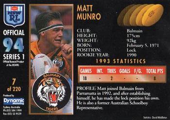 1994 Dynamic Rugby League Series 1 #7 Matt Munro Back